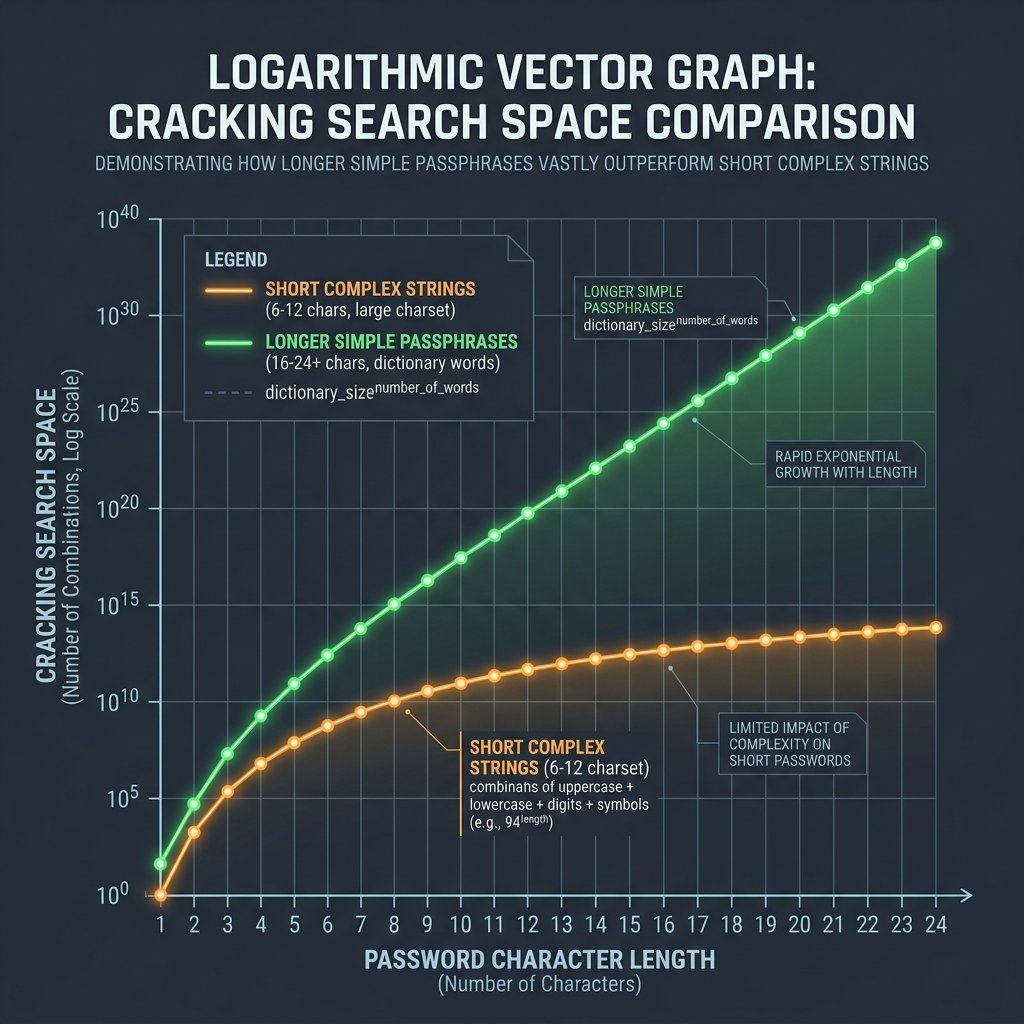 Chart demonstrating cryptographic entropy growth curves by password length
