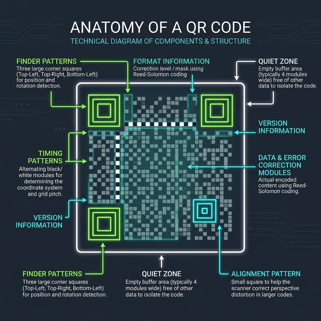 QR code layout structure displaying finder patterns and quiet zone margins