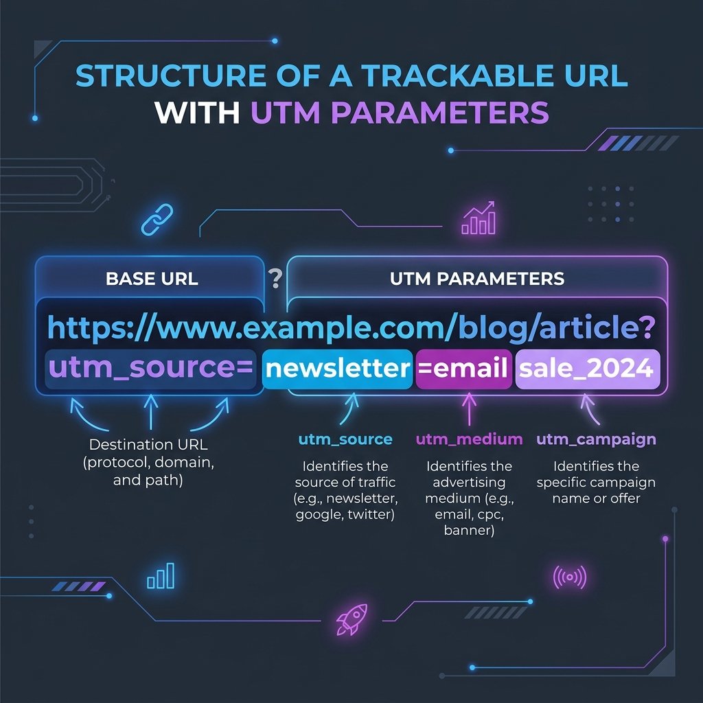 Flow chart mapping UTM campaign traffic sources to landing page parameters